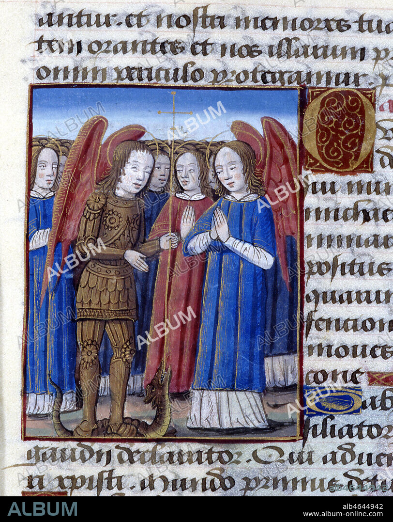 L'archange saint Michel en armure, le démon terrassé à ses pieds, face à un autre archange. Enluminure tirée d'un livre d'heures du 15ème siècle. (f°60).