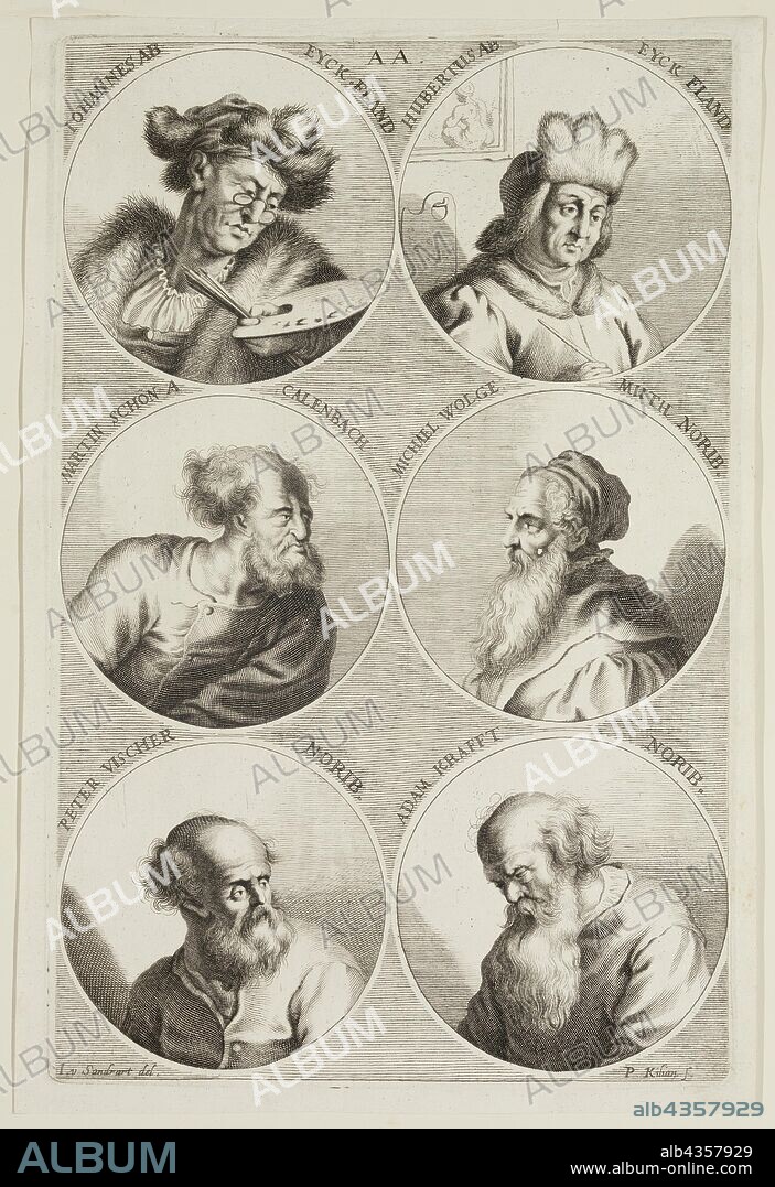 Philipp Kilian, German, 1628-1693, after Joachim von Sandrart I, German, 1606-1688, Portraits of Jan van Eyck, Hubert van Eyck, Martin Schoen, Michael Wolgemuth, Peter Vischer, Adam Krafft, ca. 1683, engraving printed in black ink on laid paper, Plate: 12 3/8 × 8 inches (31.4 × 20.3 cm).