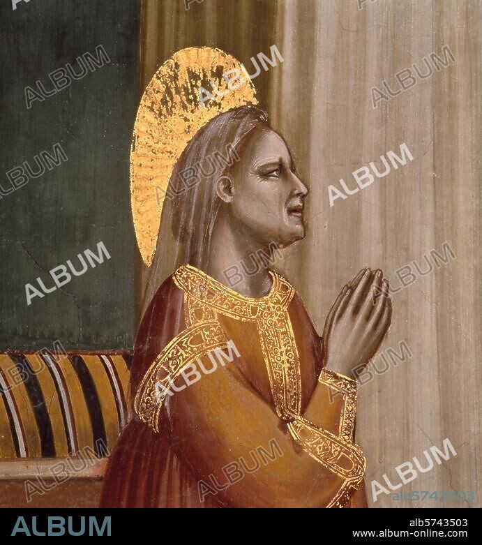 Giotto di Bondone; um 1266-1337. "Die Verkündigung an Anna", um 1303/05. Ausschnitt: Anna. Fresko, ca. 185 × 200 cm. Aus dem Zyklus mit Szenen aus dem Leben Mariä und Christi. Padua, Arenakapelle (Cappella degli Scrovegni), rechte Wand, obere Reihe, 3. Bild.