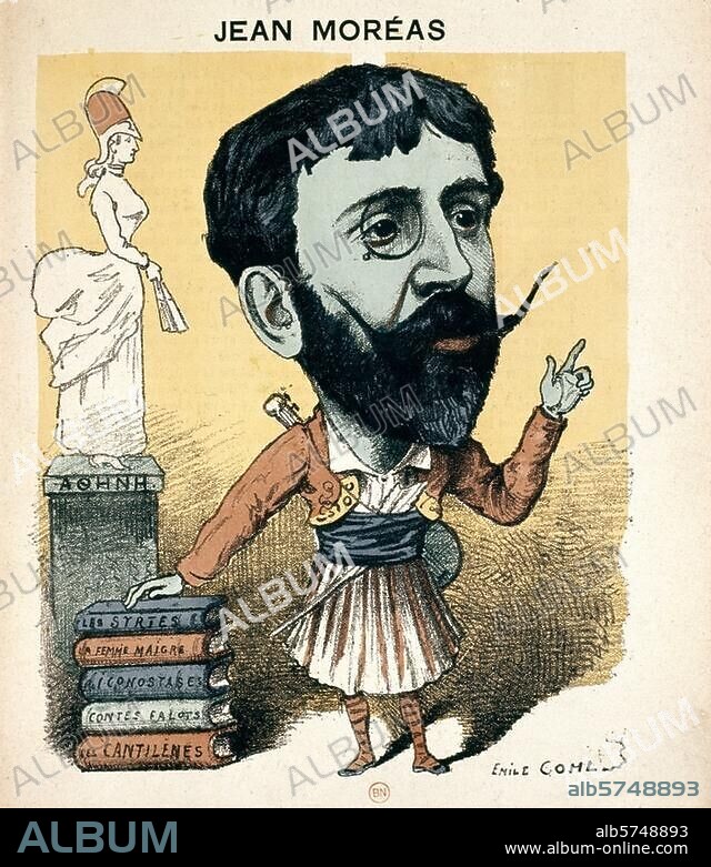 Moréas, Jean, Joannis Papadiamantopoulos, dit ; poète français d'origine grecque ; Athènes 15.4.1856 - Paris 30.3. 1910. "Jean Moréas". (Caricature). Litho. coul., années 1880, d'ap. dessin d'Émile Cohl (1857-1938). Paris, Bibliothèque Nationale.