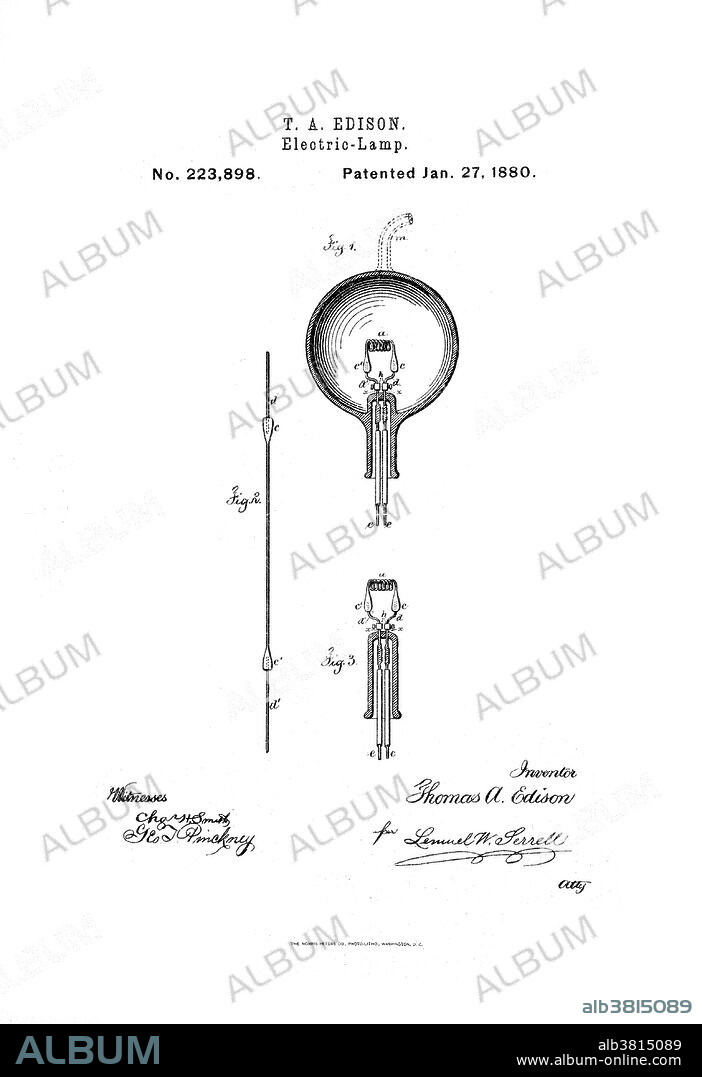 Drawing of the incandescent light bulb by Thomas Edison, January 27, 1880. Thomas Edison began serious research into developing a practical incandescent lamp in 1878. Edison filed his first patent application for "Improvement In Electric Lights" on October 14, 1878. After many experiments, first with carbon in the early 1880s and then with platinum and other metals, in the end Edison returned to a carbon filament. The first successful test was on October 22, 1879, and lasted 13.5 hours. Edison continued to improve this design and by November 4, 1879, filed for a US patent for an electric lamp using "a carbon filament or strip coiled and connected...to platina contact wires." Although the patent described several ways of creating the carbon filament including using "cotton and linen thread, wood splints, papers coiled in various ways," Edison and his team later discovered that a carbonized bamboo filament could last more than 1200 hours. In 1880, the Oregon Railroad and Navigation Company steamer, Columbia, became the first application for Edison's incandescent electric lamps (it was also the first ship to execute use of a dynamo).