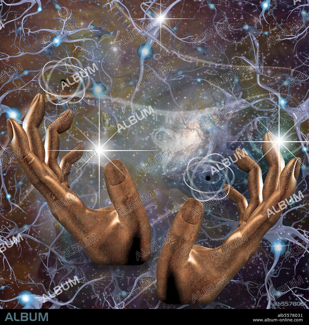 Surreal composition. Hands of creator. Universe.