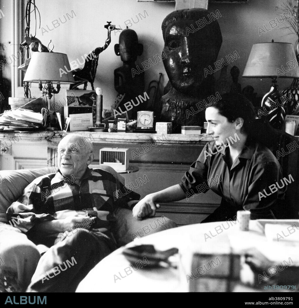 Pablo Picasso (1881-1973) with his wife Francoise Gilot (b. 1921) in Antibes in 1951. FranÃ§oise Gilot is a French painter, costume and set designer, and bestselling author. She was the lover and muse of Pablo Picasso from 1944 to 1953, and the mother of his children, Claude Picasso and Paloma Picasso. She was awarded a Chevalier de la LÃ©gion d'Honneur, in 1990.