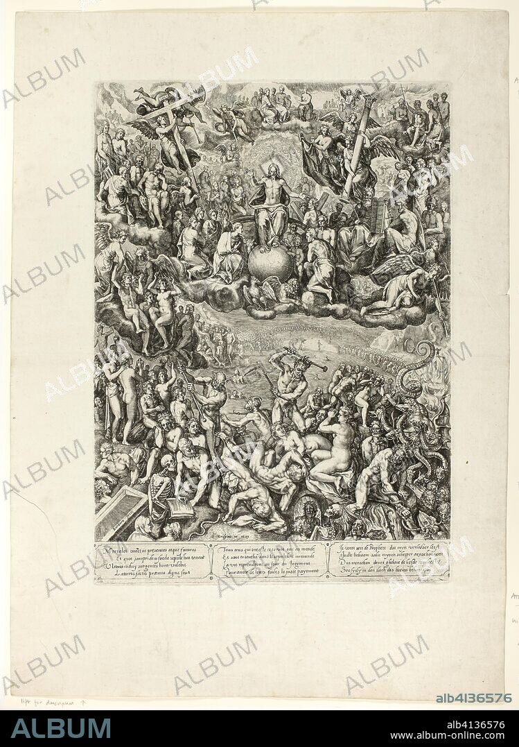 The Last Judgment. Barbara van den Broeck (Flemish, born c. 1558/60); after Crispin van den Broeck (Flemish, 1524-c. 1590); published by Hendrik Hondius (Dutch, 1573-1650). Date: 1599. Dimensions: 408 × 290 mm (image/plate); 562 × 404 mm (sheet). Engraving in black on ivory laid paper. Origin: Flanders.