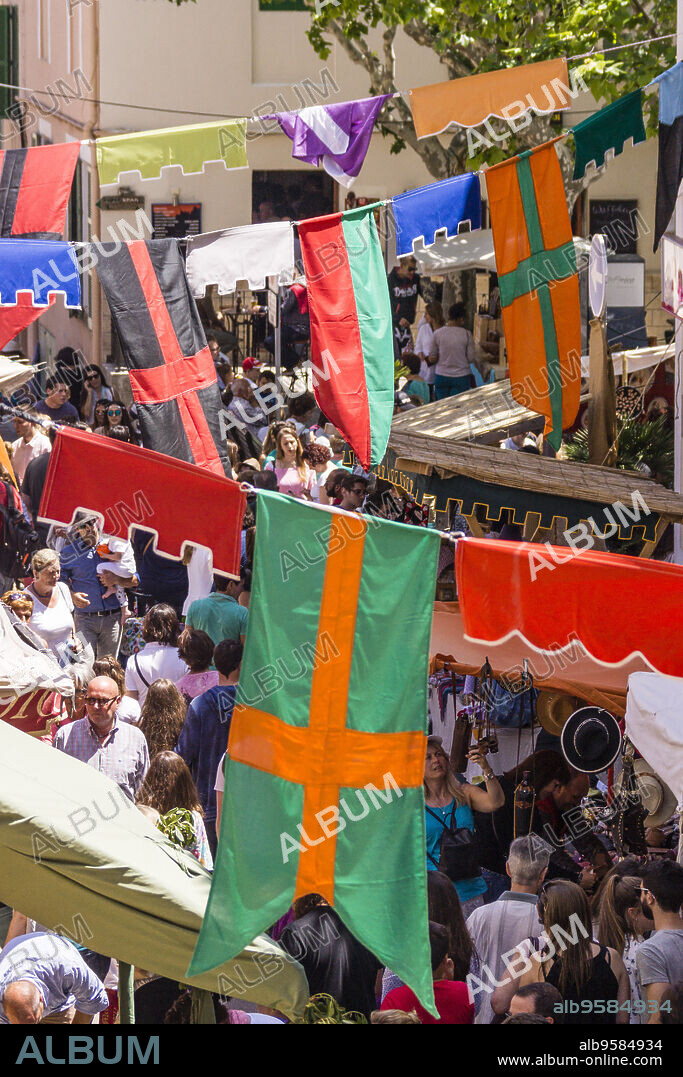 banners on the street, Capdepera Medieval Fair, Mercat Medieval, Capdepera, Mallorca, balearic islands, spain, europe.