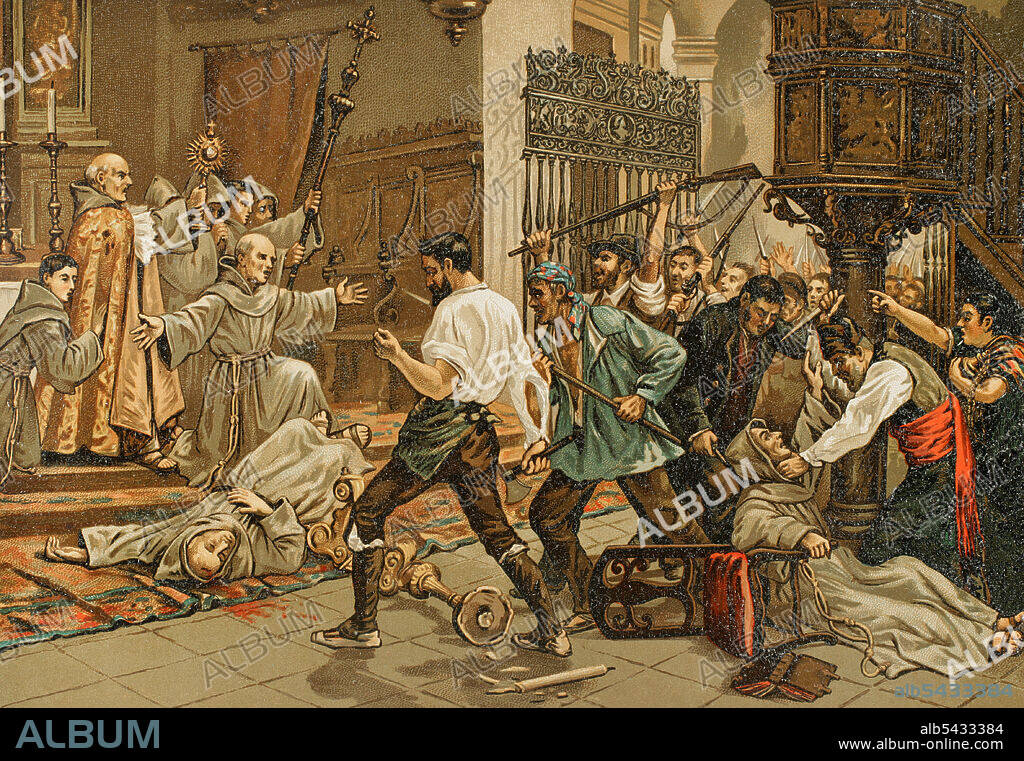 Historia de España. Madrid. Matanza de frailes, 17 de julio de 1834. Motín anticlerical durante la regencia de María Cristina. Se asaltaron varios conventos de Madrid y fueron asesinados decenas de frailes. En el verano de 1833 llegó a España una epidemia de cólera que un año después se extendió velozmente en la ciudad de Madrid. A pesar de las medidas sanitarias impuestas por las autoridades, la epidemia produjo centenares de muertes en pocos días. Un rumor recorrió la ciudad culpando a los jesuitas del envenenamiento del agua de las fuentes, provocando que una turba llevara a cabo una matanza de religiosos en la tarde del 17 de julio. Degollación de frailes, en la basílica de San Francisco el Grande. Ilustración a partir del cuadro de Ramón Pulido. Cromolitografía. Historia General de España, por Miguel Morayta. Tomo VII. Madrid, 1893.
