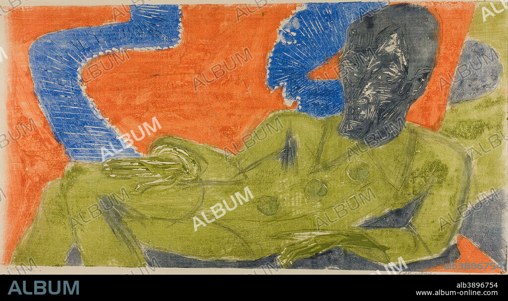ERNST LUDWIG KIRCHNER. Portrait of Otto Mueller. Date/Period: 1915. Print. Color woodcut with charcoal on cream wove paper Color woodcut with charcoal on cream wove paper. Height: 273 mm (10.74 in); Width: 546 mm (21.49 in).