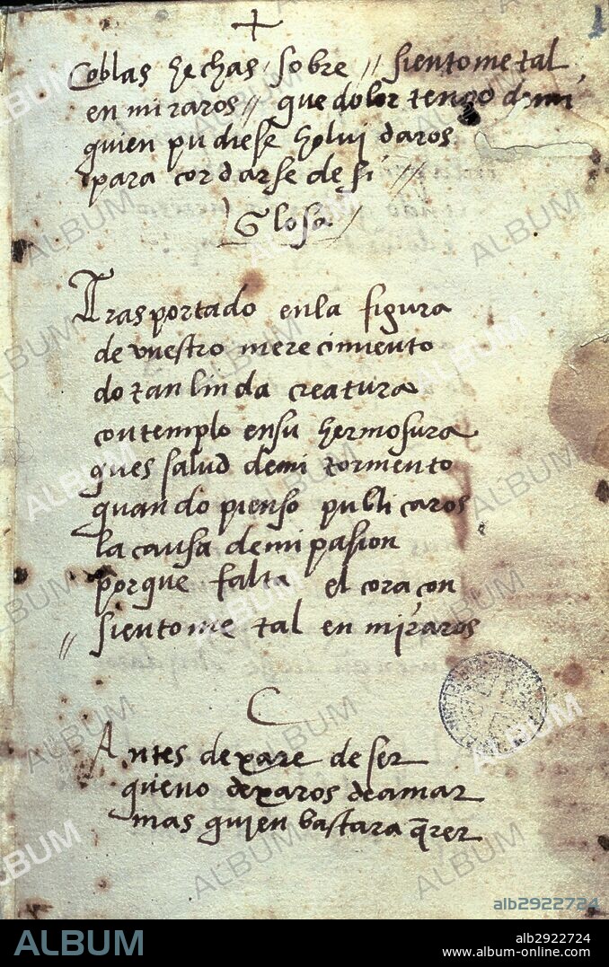 BOSCA I ALMOGAVER, Joan (en castellano: BOSCAN ALMOGAVAR, Juan) (Barcelona,1492-Perpiñán,1542). Poeta catalán del Renacimiento, que escribió casi toda su obra en castellano. Manuscrito del siglo XVI con alguna de sus poesías, folio primero. Biblioteca de Catalunya. Barcelona.
