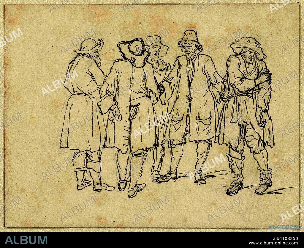 Sketch of five standing men. Draughtsman: Bernard Picart. Dating: 1683 - 1733. Measurements: h 130 mm × w 170 mm.