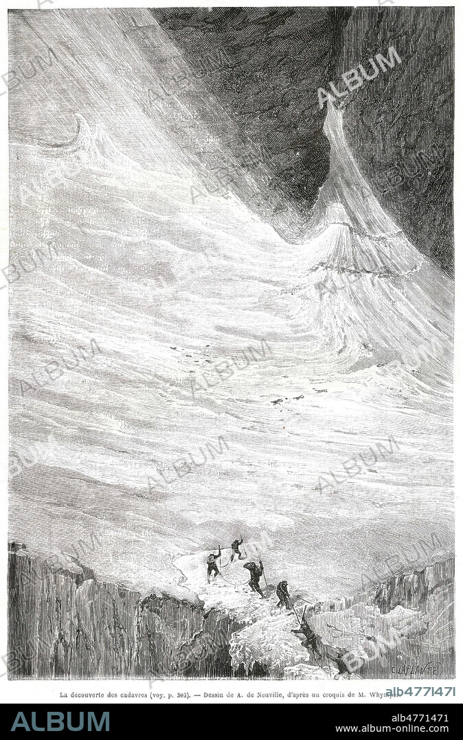 'La decouverte des cadavres apres le devissage d'une partie de la cordee d'Edward WHYMPER (1840-1911)'. Illustration par Alphonse de NEUVILLE (1835-1885) d'apres WHYMPER tiree de la revue 'Le Tour du Monde' en 1872. Credit : Collection KHARBINE-TAPABOR.