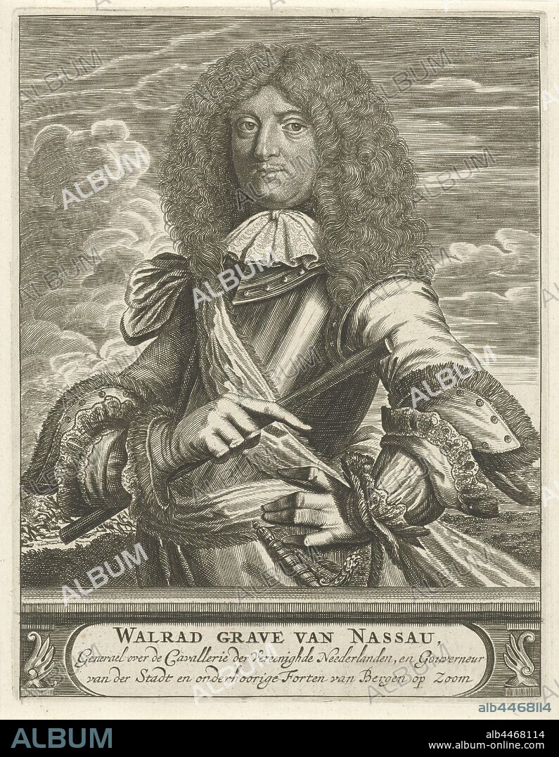 Portrait of Wolrat, count of Nassau-Usingen, Portrait half-length of Wolrat, dressed in armor. He is holding a command staff in his right hand. A battle is shown in the background. Under his portrait a plinth, on which his name and title in three lines in Dutch in a cartouche., Christiaan Hagen, Amsterdam, c. 1663 - 1695, paper, etching, w 201 mm × h 155.