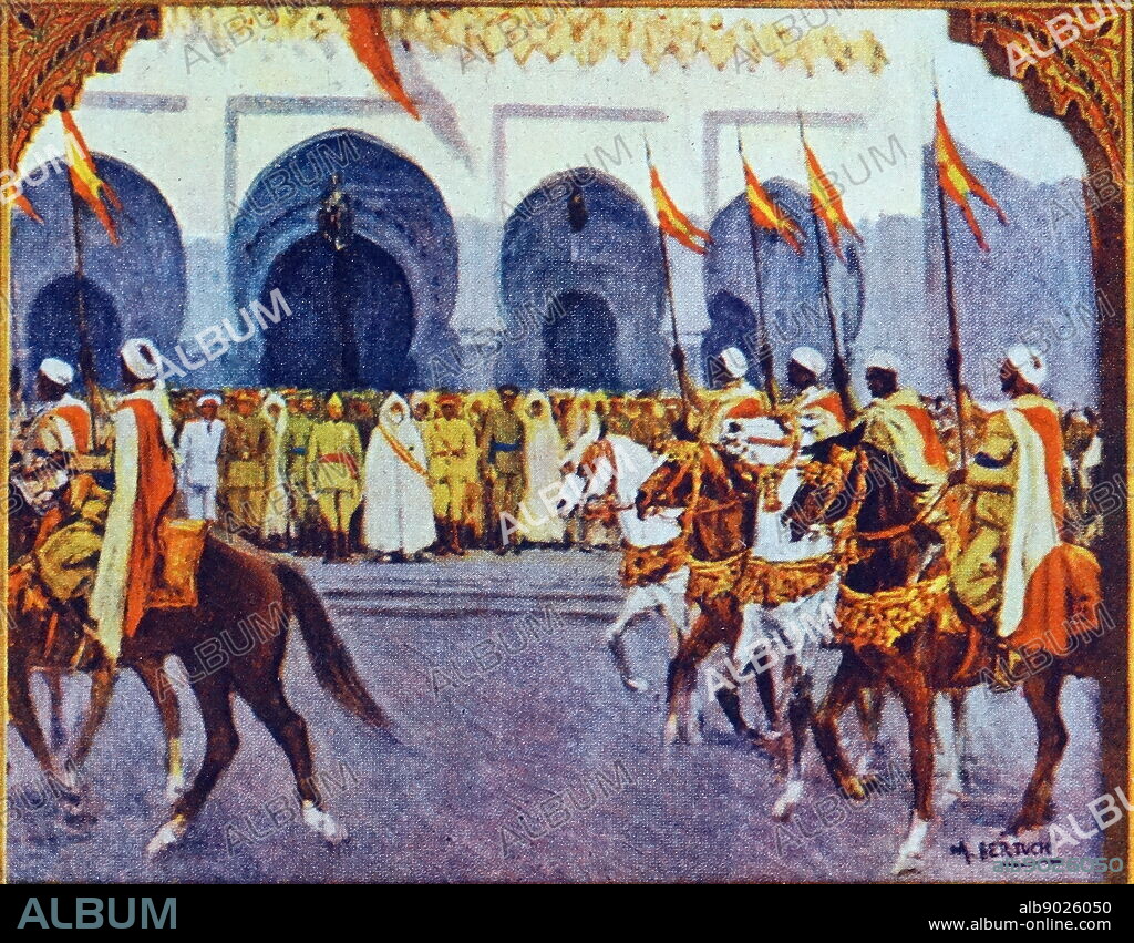 Muhammad al-Muqri, the Grand Vizier of Morocco reviews the Spanish Legion in Morocco after the military uprising which began the Spanish Civil War 1936.