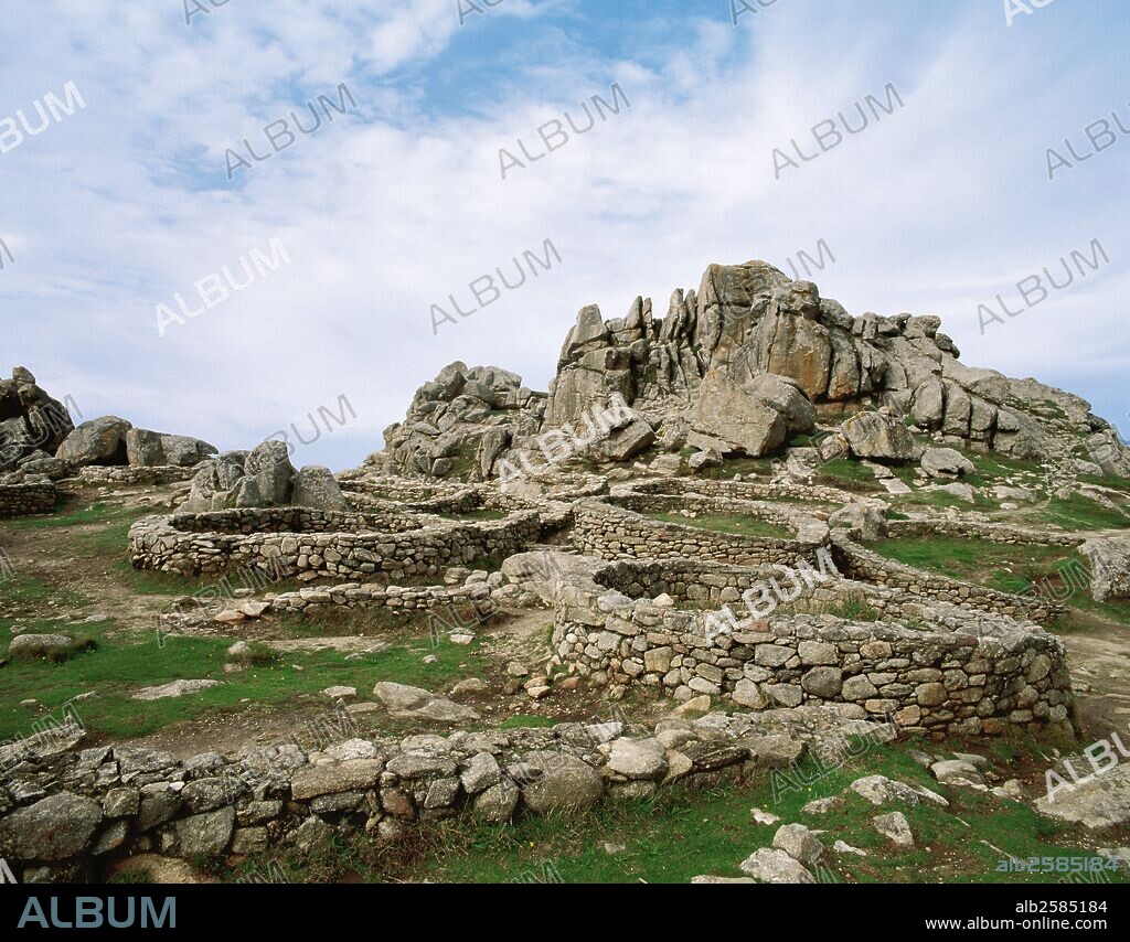Spain. Celtic Period. Culture of the Castros. Castro of Barona. View of the concentric walls that form the fortified enclosures of circular form. Galicia.