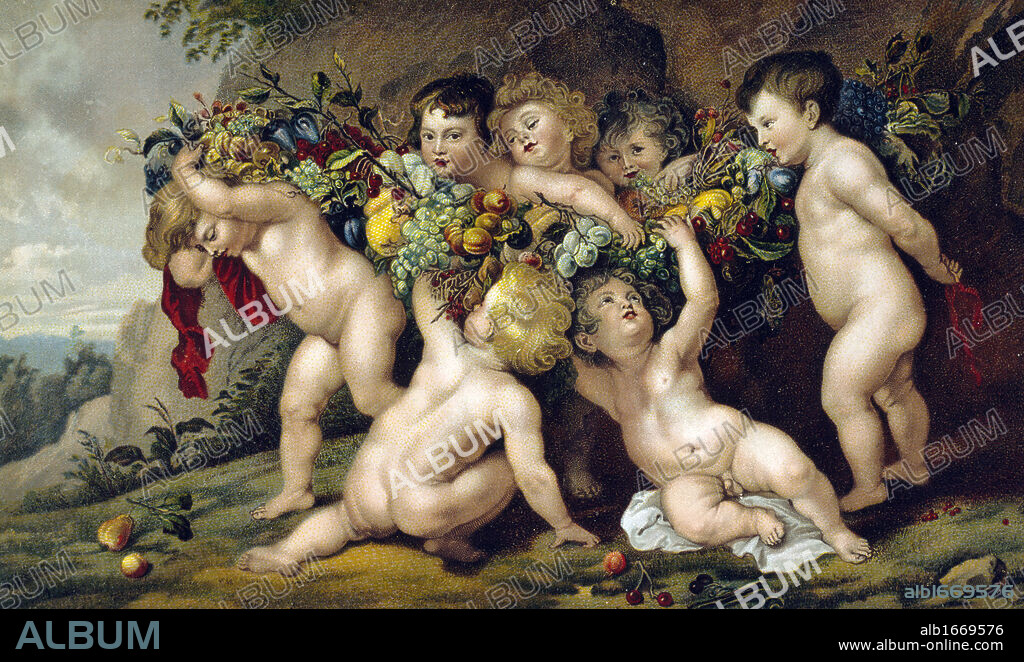 Der Fruchtekranz by Peter Paul Rubens, lithograph, (1577-1640).
