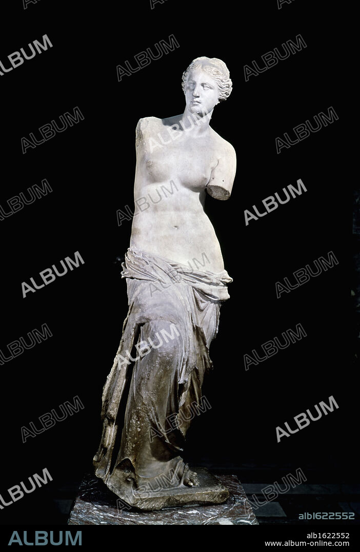 GREEK ART. Venus De Milo,  marble sculpture,  150 B.C,  France,  Paris,  Musee du Louvre.