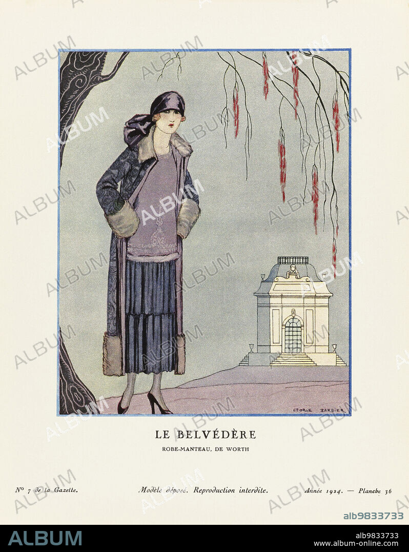 EDITORIAL LEmpire du Monde. The Empire of the World. Robe du Soir, de Worth. Evening dress by Worth. Art-deco fashion illustration by French artist George Barbier, 1882-1932. The work was created for the Gazette du Bon Ton, a Parisian fashion magazine published between 1912-1915 and 1919-1925.