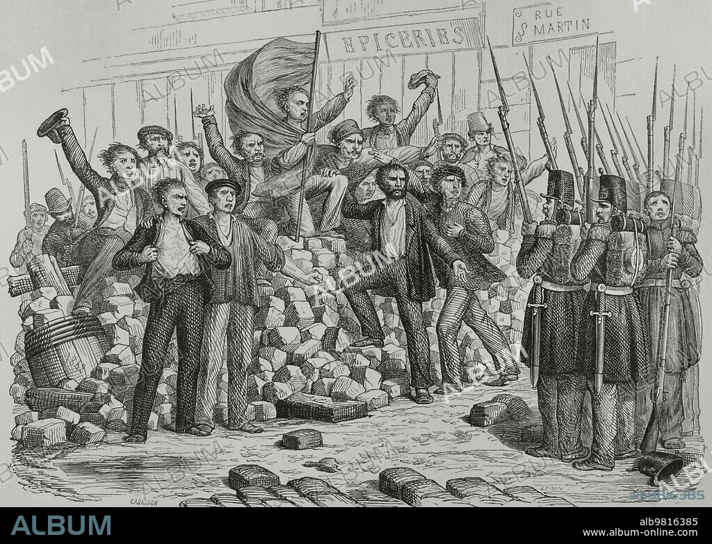 GUILLAUME-ALPHONSE HARANG CABASSON (1814-1884). FRENCH ARTIST.. Revoluciones Liberales. Francia. Revolución de 1830, llamada también Revolución de Julio o las Tres Gloriosas. Fueron unas jornadas revolucionarias en contra del rey Carlos X (1757-1836) a causa de sus medidas antiliberales. Durante los días 27, 28 y 29 de julio de 1830 los parisinos se sublevaron, consiguiendo derrocar al rey. Barricadas en las calles de París. Grabado por Cabasson. Los Héroes y las Grandezas de la Tierra. Tomo V. 1855.