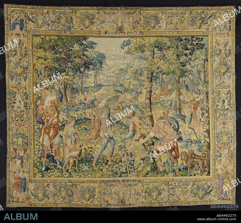Tapestry with the history of Caphalus to Phocus about his dog Lelaps and the wild fox The histories of Diana (series title), François Spiering (workshop of), Delft, c. 1593 - c. 1600, ketting, inslag, tapestry, h 349 cm × w 402.5 cm.