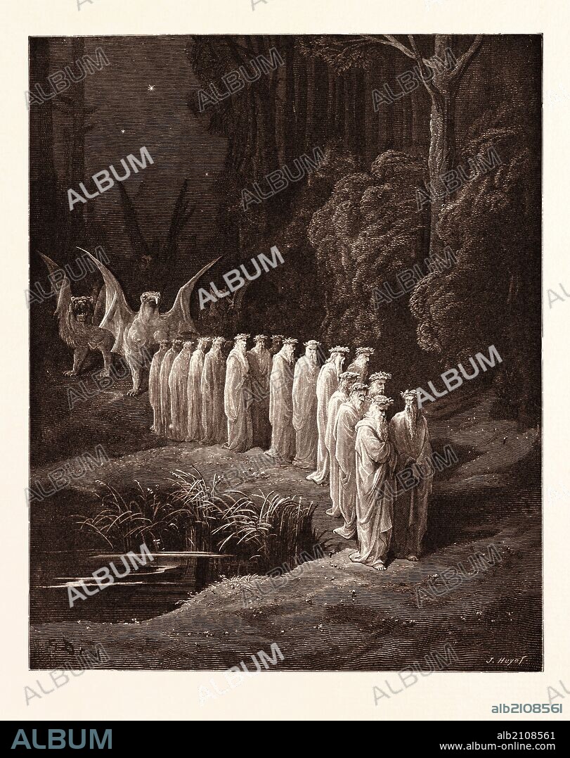 THE PROCESSION OF THE ELDERS, BY GUSTAVE DORÉ. Dore, 1832 - 1883, French. Engraving for the Purgatorio by Dante. Wood engraving by Jules Huyot after Gustave Dore, with signatures in the print. romanticism, colour, color engraving.