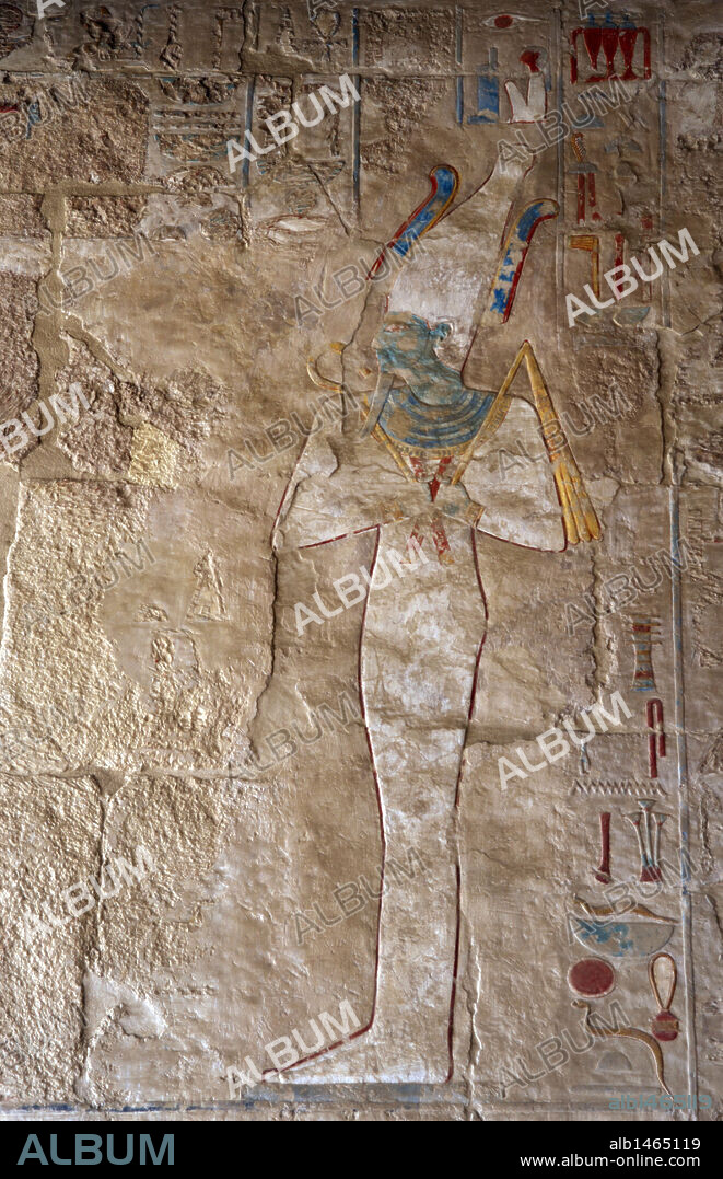 Osiris. Polychrome limestone reliefs from the Temple of Hatshepsut. Dynasty XVIII. New Kingdom. By 1490 B.C.  Deir El-Bahari. Egypt.