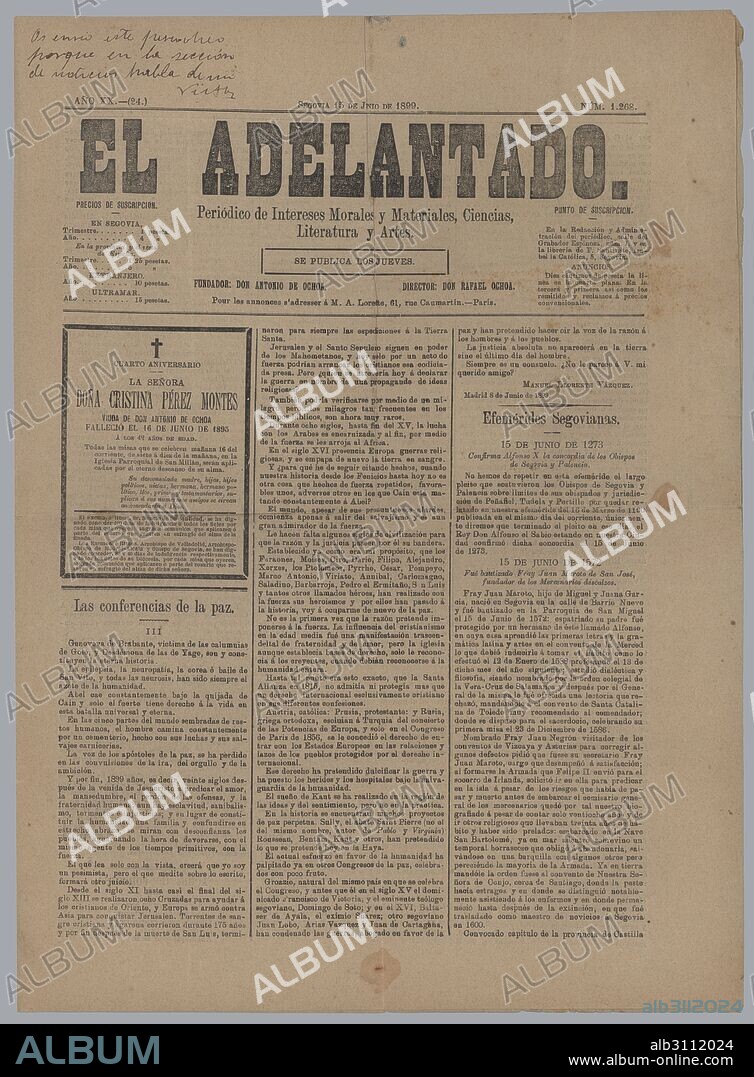 Portada del periódico El Adelantado. Segovia, 1899.