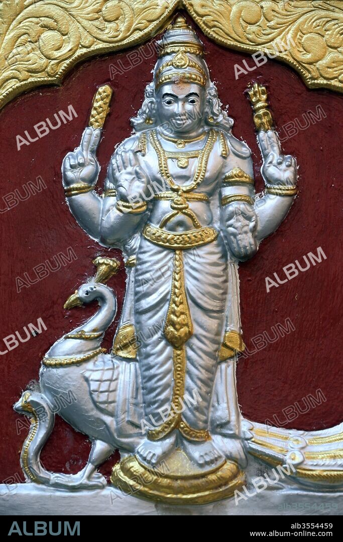 Sri Mariamman Hindu temple. Sri Gowmari with peacock, symbol of Subramanyan. Singapore.