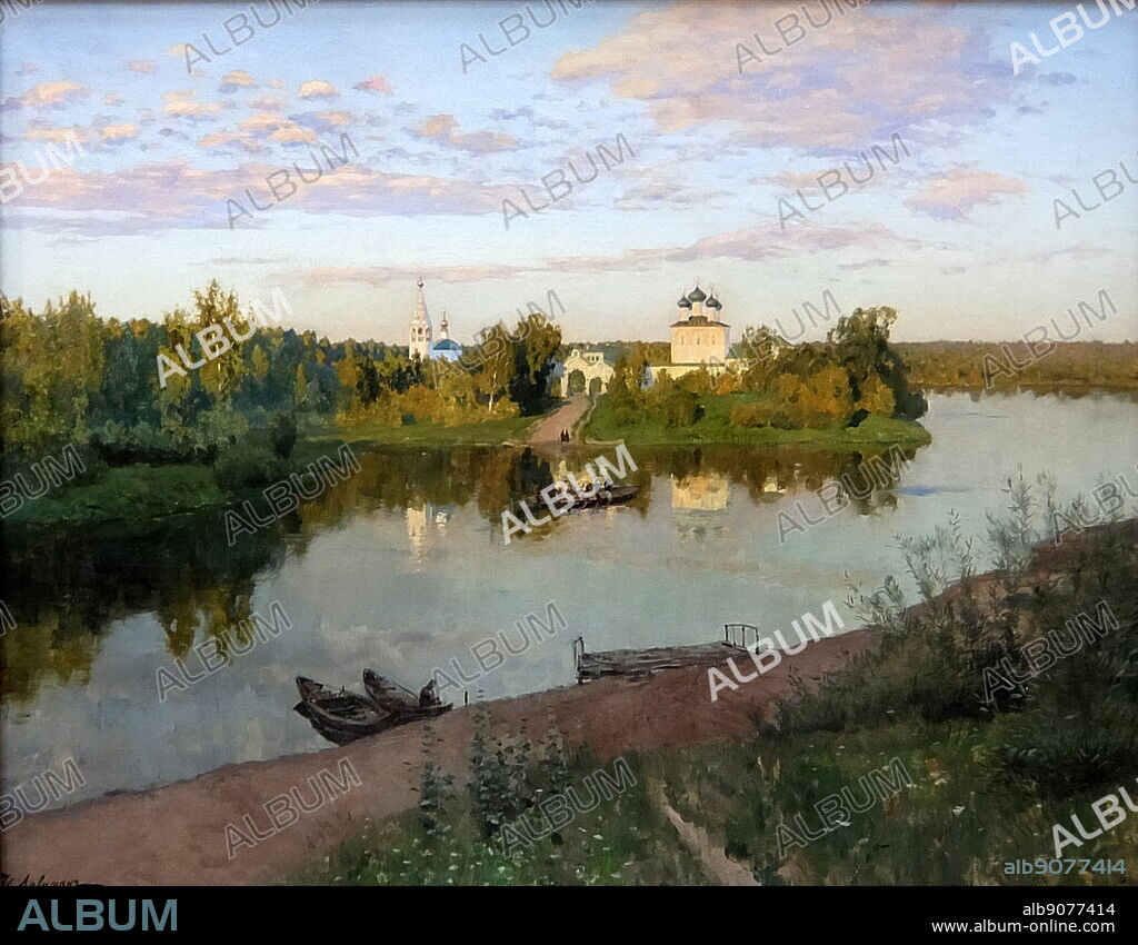 Painting titled 'The Evening Bells' Ringing' by Isaac Levitan. Isaac Ilyich Levitan (1860-1900) a classical Russian landscape painter who advanced the genre of the "mood landscape".