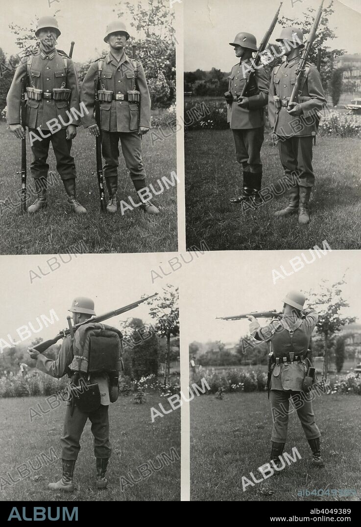 New field uniforms for the  German army, 1934. After many years, troops of the regular German army have a new battle dress and uniform issued. Top right: The old and the new uniform . Bottom row left : The new uniform with knapsack, right : without knapsack.