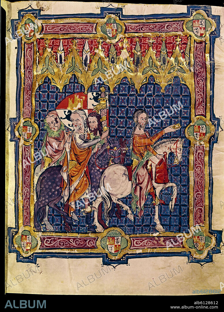 RAIMUNDO EBRARD II (?-1331) OBISPO DE COIMBRA. CEREMONIAL PARA LA CORONACION DE LOS REYES DE ESPAÑA - SEQUITO DEL REY DE CASTILLA - LAMINA IV - SIGLO XIV.