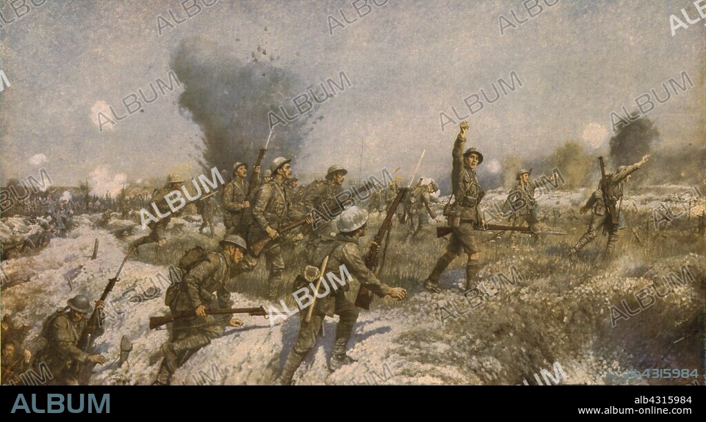 JAMES PRINSEP BEADLE. 'Attack of the Ulster Division, 1 July 1916', (c1930). Scene from the Battle of the Somme in northern France during the First World War: the 36th (Ulster) Division advance under fire towards German front line. Nine members of the 36th were awarded the Victoria Cross for gallantry 'in the presence of the enemy'. Painting in the Belfast City Hall collection, Belfast, Northern Ireland. From "Modern Masterpieces of British Art". [The Amalgamated Press Ltd., London, c1930].
