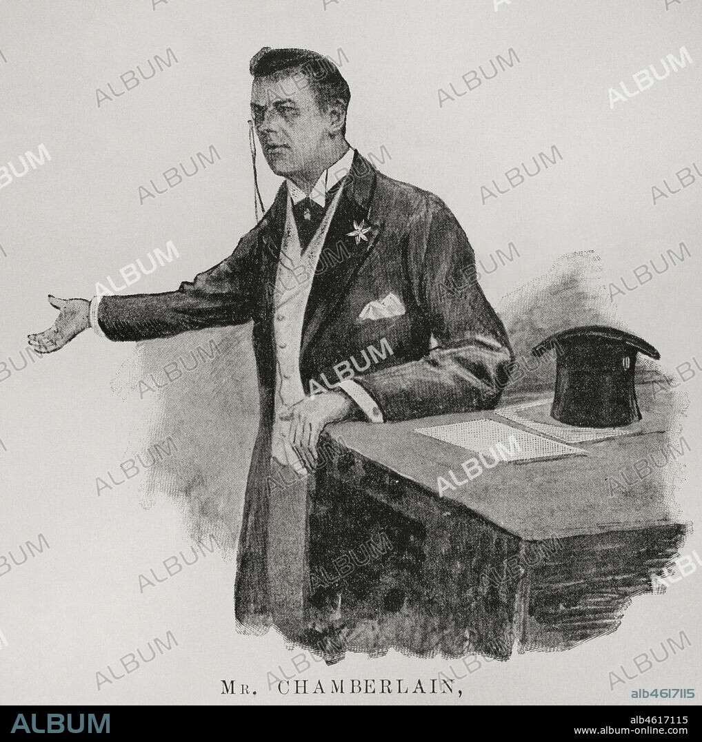 Joseph Chamberlain (1836-1914). British politician. Defender of imperialism in foreign policy. Chamberlain, Secretary of State for the Colonies, pronouncing his famous speech in Birmingham on 12 April 1898, in which he spoke of England's alliance with the United States. Photoengraving. La Ilustración Española y Americana, 1898.