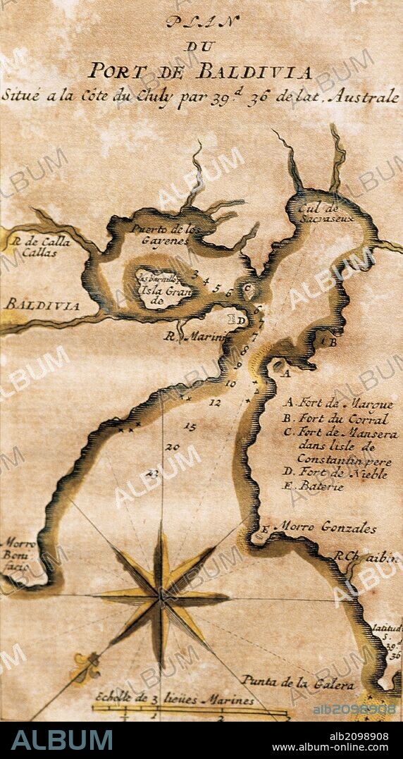 AMERICA DEL SUR. CHILE. SIGLO XVIII. "PLANO DEL PUERTO DE BALDIVIA". VALDIVIA, situada en la costa del Chile y bañada por el rio Valdivia, según un dibujo del año 1713. La Ciudad fue fundada por Jeronimo de Alderate y Pedro de Valdivia en el año 1552. Grabado francés impreso en París en el año 1716.