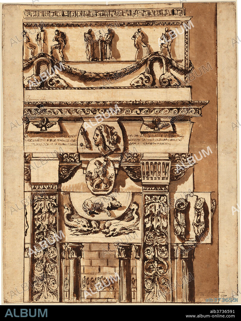 GIOVANNI BATTISTA PIRANESI. Fantasy of a Façade with Bizarre Ornaments. Dated: 1764/1766. Dimensions: overall: 60.1 x 47.2 cm (23 11/16 x 18 9/16 in.). Medium: pen and dark brown ink with brown wash over black chalk on laid paper.