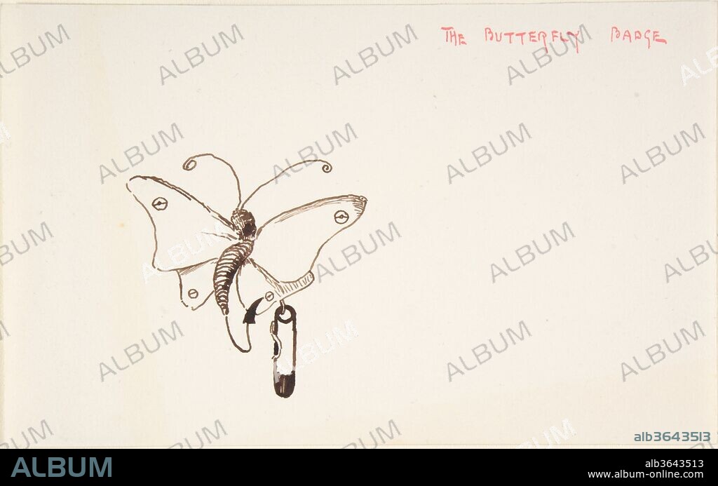 Butterfly Badge. Artist: Pickford Robert Waller (British, London 1849-1930 Bournemouth). Dimensions: Sheet: 4 15/16 × 7 13/16 in. (12.5 × 19.8 cm). Subject: Relates to James McNeill Whistler (American, Lowell, Massachusetts 1834-1903 London). Date: 1875-1930.
An admirer of James McNeill Whistler, the designer Waller here copies the latter's butterfly symbol transformed into a badge or pin. Inscriptions on a related drawing (1985.1165.181) indicate that the artist presented the ornament to Waller's wife at a private view to thank her for flowers.