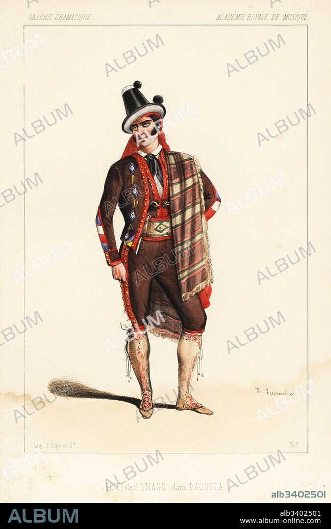Dancer Georges Elie as Inigo in the ballet Paquita by Edouard Deldevez, Joseph Mazilier and Paul Foucher, Academie Royale de Musique, 1846. Handcoloured lithograph after an illustration by Alexandre Lacauchie from Victor Dollet's Galerie Dramatique: Costumes des Theatres de Paris, Paris, 1846.