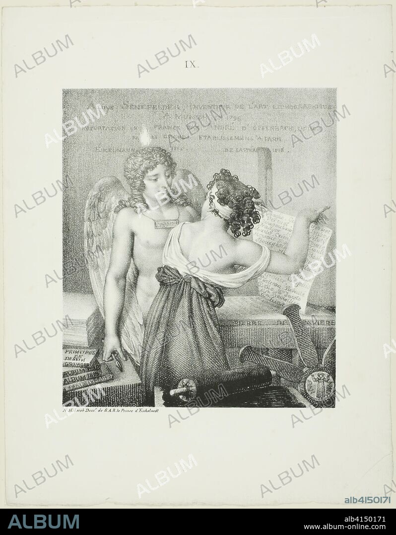 The Genius of Lithography, from Alois Senefelder's L'Art de la lithographie. Nicolas Henri Jacob; French, 1781-1871. Date: 1819. Dimensions: 190 × 164 mm (image); 297 × 233 mm (sheet). Lithograph in black on ivory wove paper. Origin: France.