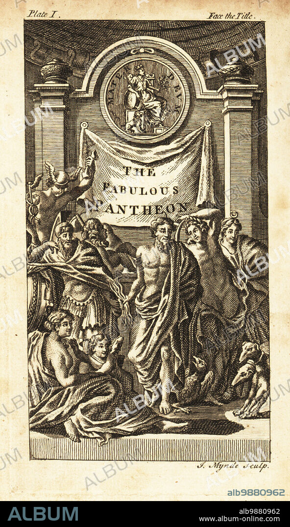 Title page with banner The Fabulous Pantheon with classical gods Jupiter, Mercury, Diana, Venus, Cupid, eagle, hounds. Copperplate engraving by James Mynde from Andrew Tookes The Pantheon, Representing the Fabulous Histories of the Heathen Gods, London, 1757.