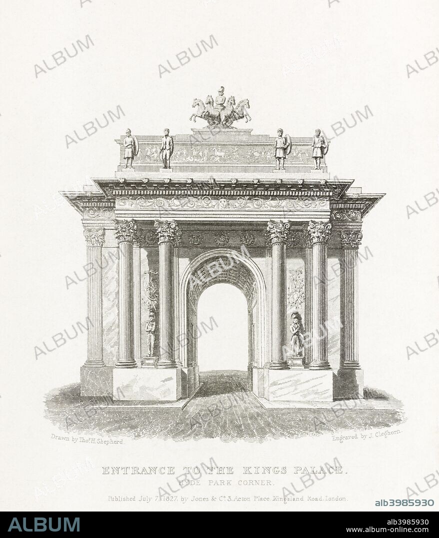 Wellington Arch, Hyde Park Corner, Westminster, London, 1827. Illustration from Metropolitan Improvements, or London in the Nineteenth Century... by Thomas Hosmer Shepherd and James Elmes. From the Mayson Beeton Collection.