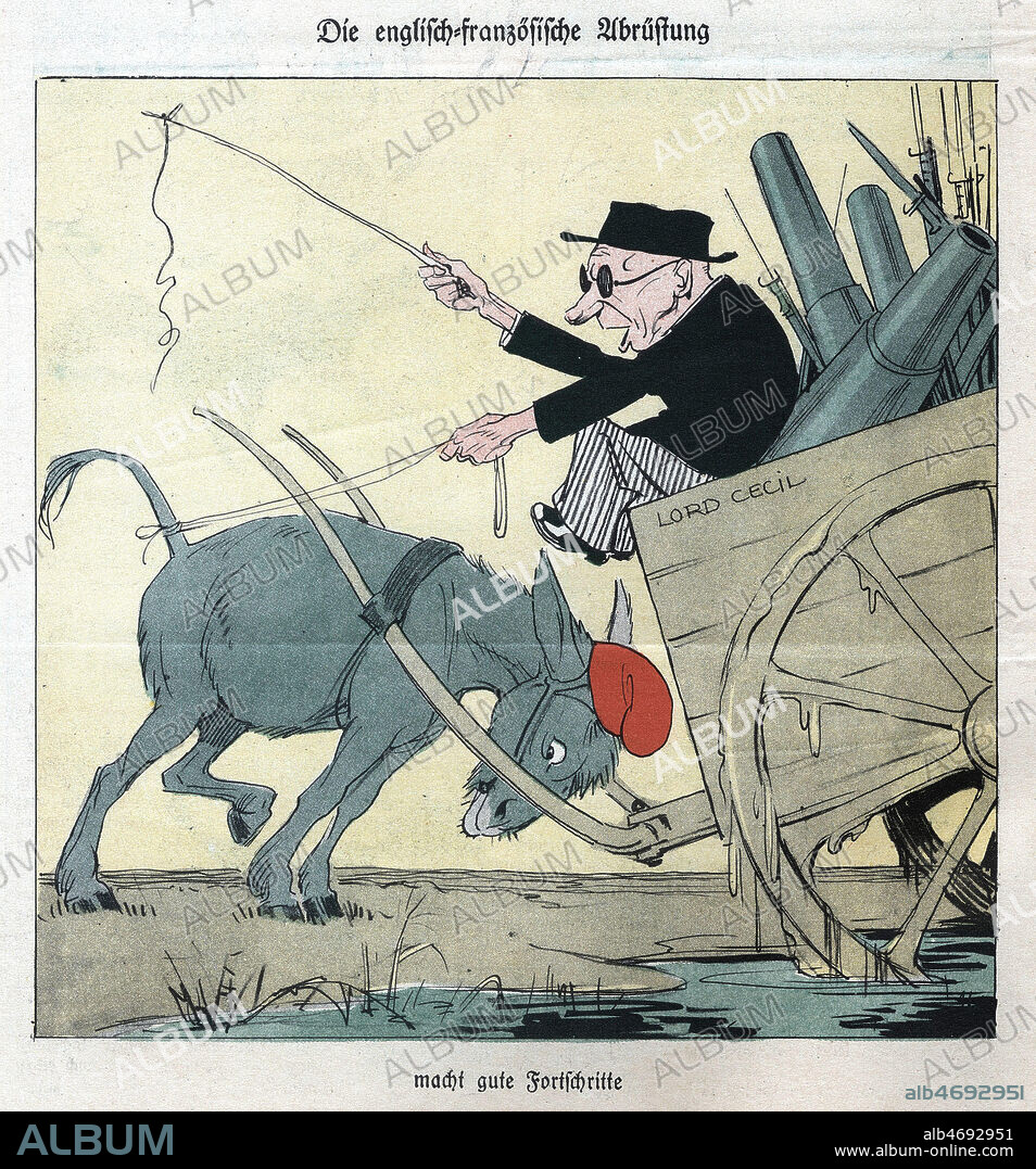 Die engliscsh Fransosisch Umrustung : Le mouvement Franco Anglais , Marianne en mule attelee a l'envers affrontant le diplomate anglais artisan de la Societe des Nations, Lord Robert Cecil (1864-1958) qui conduit une charrette remplie d'armes canon, etc. Caricature evoquant le possible rearmement de l'Allemange apres la Premiere Guerre MOndiale pour la revue allemande Kladderadatsch du 20 octobre 1929. Credit : Collection IM/Kharbine-Tapabor.