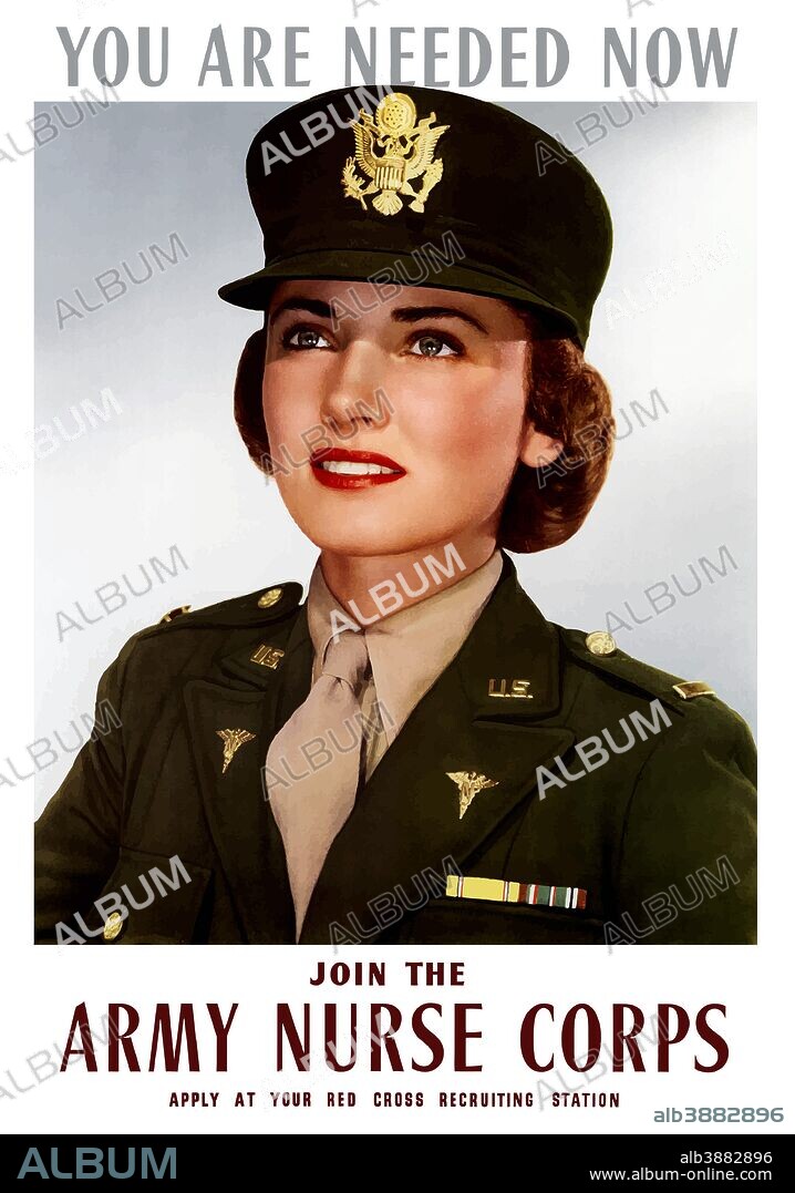 Vintage World War II poster of a smiling female officer of the U.S. Army Medical Corps. It reads, You Are Needed Now, Join The Army Nurse Corps, Apply At Your Red Cross Recruiting Station.