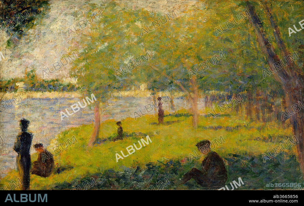 Study for "A Sunday on La Grande Jatte". Artist: Georges Seurat (French, Paris 1859-1891 Paris). Dimensions: 6 1/8 x 9 1/2 in. (15.6 x 24.1 cm). Date: 1884.
This small panel is one of approximately fifty oil sketches and drawings made as preparatory studies for Seurat's monumental masterpiece, A Sunday on La Grand Jatte. Painted from 1884-86, the scene depicts Parisians at leisure on an island in the Seine. Illustrating Seurat's process of investigation, the figures in the present panel were significantly transformed in the final painting. Seurat's style came to be known as Pointillism (from the French word "point," or "dot"), but he preferred the term divisionism--the principle of separating color into small touches placed side-by-side and meant to blend in the eye of the viewer.