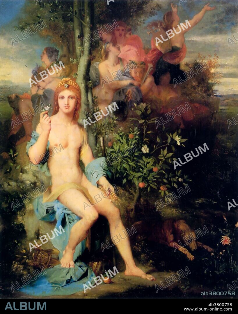 Apollo and the Nine Muses, Gustave Moreau, 1856. Oil on canvas, part of a private collection. Apollo is one of the most important and complex of the Olympian deities in Greek and Roman mythology. He has been called a god of light and the sun, truth and prophecy, healing, plague, music, poetry, and more. The Nine Muses of the Greek Mythology were deities that gave artists, philosophers and individuals the necessary inspiration for creation. 1) Clio: discovered history and guitar. 2) Euterpe: discovered several musical instruments, courses and dialectic. 3) Thalia: the protector of comedy; she discovered comedy, geometry, architectural science and agriculture. 4) Melpomene: the protector of Tragedy; she invented tragedy, rhetoric speech and Melos. 5) Terpsichore: the protector of dance; she invented dances, the harp and education. 6) Erato: the protector of Love and Love Poetry-as well as wedding. 7) Polymnia: the protector of the divine hymns and mimic art; she invented geometry and grammar. 8) Ourania: the protector of the celestial objects and stars; she invented astronomy. 9) Calliope: the superior Muse. She was the protector of heroic poems and rhetoric art.