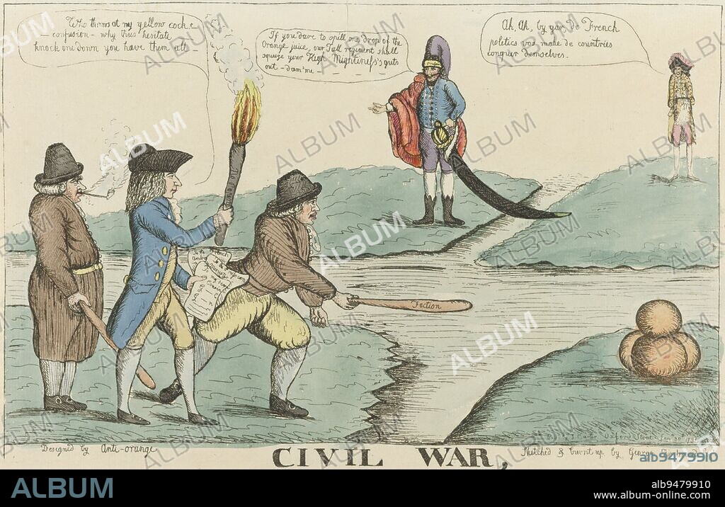 English cartoon on the Dutch domestic strife between Patriots and Orangemen, January 1787. An Englishman with a torch (Lord George Gordon) stirs up the Dutch to knock over a pile of orange balls or oranges. On the opposite side, a Prussian officer with a large saber warns against spilling orange juice; a Frenchman looks on, laughing. In the caption the title and a quotation from Shakespeare., English cartoon on Dutch civil strife, 1787 Civil war, or Lord Lunatic encouraging the Hollanders to Knock down the Orange Party , print maker: William Dent, William Dent, publisher: J. Carter, (mentioned on object), print maker: England, publisher: London, 30-Jan-1787, paper, etching, h 246 mm × w 349 mm.