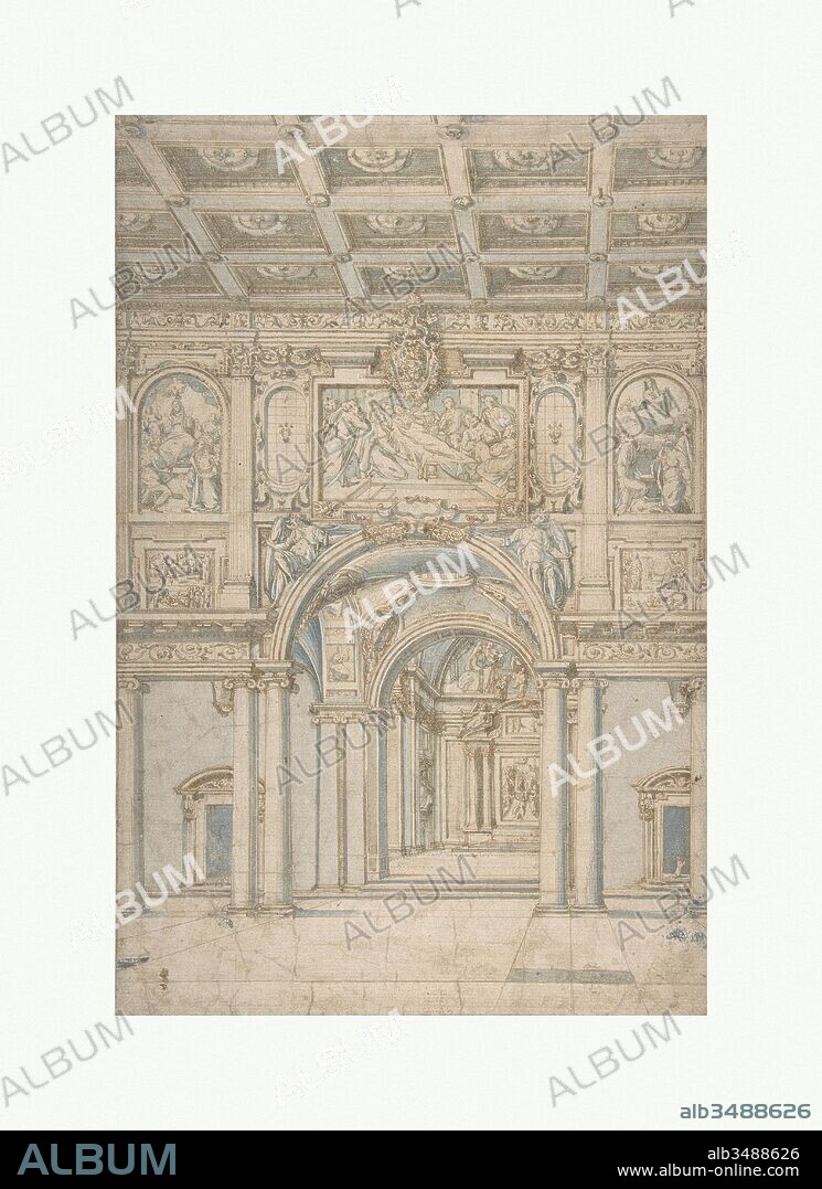 Study of the Interior of Santa Maria Maggiore in Rome., 1621–46, Pen and brown ink, brush with gray and blue wash, over traces of graphite, highlighted with white gouache, sheet: 15 1/8 x 9 15/16 in. (38.4 x 25.2 cm), Abbate Paolo de Angelis (Italian, 1580–1647).