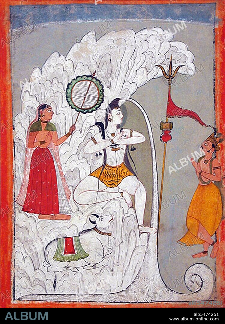 Shiva bearing the descent of the Ganges River as Parvati and Bhagiratha and the bull Nandi look on, folio from a Hindi manuscript by the saint Narayan, circa 1740. Told and retold in the Ramayana, the Mahabharata and several Puranas, the story begins with a sage, Kapila, whose intense meditation has been disturbed by the sixty thousand sons of King Sagara. Livid at being disturbed, Kapila sears them with his angry gaze, reduces them to ashes, and dispatches them to the netherworld. Only the waters of the Ganga, then in heaven, can bring the dead sons their salvation. A descendant of these sons, King Bhagiratha, anxious to restore his ancestors, undertakes rigorous penance and is eventually granted the prize of Ganga's descent from heaven. However, since her turbulent force will also shatter the earth, Bhagiratha persuades Shiva in his abode on Mount Kailash to receive Ganga in the coils of his tangled hair and break her fall. Ganga descends, is tamed in Shiva's locks, and arrives in the Himalayas. She is then led by the waiting Bhagiratha down into the plains at Haridwar, across the plains first to the confluence with the Yamuna at Prayag and then to Varanasi, and eventually to Ganga Sagar, where she meets the ocean, sinks to the netherworld, and saves the sons of Sagara.