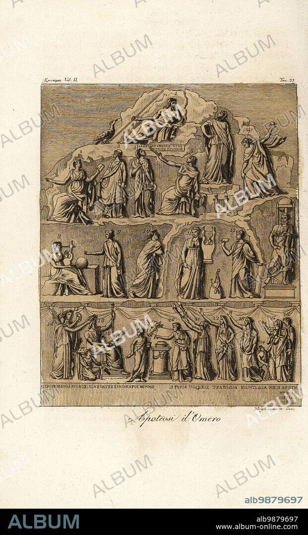 The apotheosis of Homer, bas-relief by Greek sculptor Archelaus of Priene. Zeus 1, Calliope 2, Clio 3, Thalia 4, Euterpe 5, Melpomene 6, Erato 7, Terpsicore 8, Urania 9, Polyhymnia 10, Apollo Citharoedus 11, Pythia 12, Oikoumene 14, Cronos 15, Homer 16, Iliad 17, Odyssey 18, Fable 19, History 20, Poetry 21, Tragedy 22, Comedy 23, Physis 24, Arete 25, Mneme 26, Pistis 27, Sophia 28. Apotteosi dOmero. Handcoloured copperplate engraving by Migliavacca from Giulio Ferrarios Costumes Ancient and Modern of the Peoples of the World, Il Costume Antico e Moderno, Florence, 1826.
