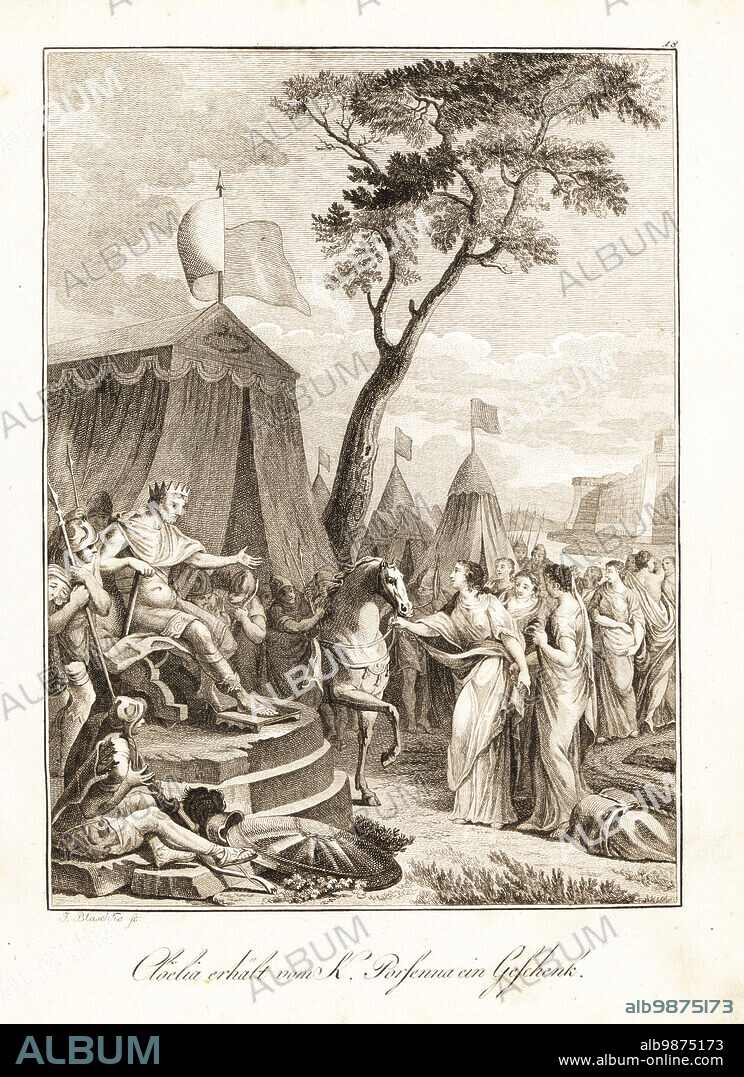 Lars Porsena, Etruscan king of Clusium, presenting Roman hostage Cloelia with a horse, 508 BC. Cloelia and her virgins asked for the freedom of the youngest Roman boy hostages. Presens de Porsenna a Clelie. Copperplate engraving by János Blaschke after a design by Gabriel de St. Aubin from Professor Joseph Rudolf Zappes Gemalde aus der romischen Geschichte, Pictures of Roman History, Joseph Schalbacher, Vienna, 1800. German edition of Abbe Claude Francois Xavier Millots Abrege de lHistoire Romaine.