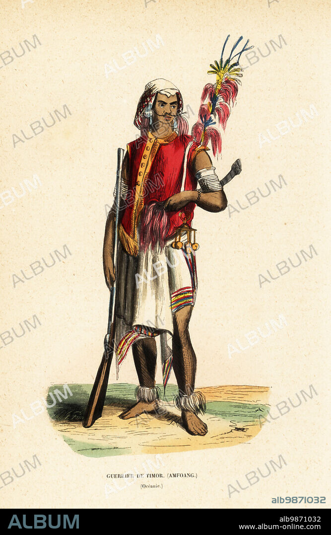 Atoni warrior of Kupang, West Timor, Indonesia. His back is decorated with tall plant fronds and feathers, and he wears a number of bells representing each man he has killed. He wears a bandana, jacket, tai muti hip-cloth and anklets, carries a musket. Geurrier de Timor (Amfoang). Oceanie. Handcoloured woodcut from Auguste Wahlen's Moeurs, Usages et Costumes de tous les Peuples du Monde, (Manners, Customs and Costumes of all the People of the World) Librairie Historique-Artistique, Brussels, 1845. Wahlen was the pseudonym of Jean-Francois-Nicolas Loumyer (1801-1875), a writer and archivist with the Heraldic Department of Belgium.