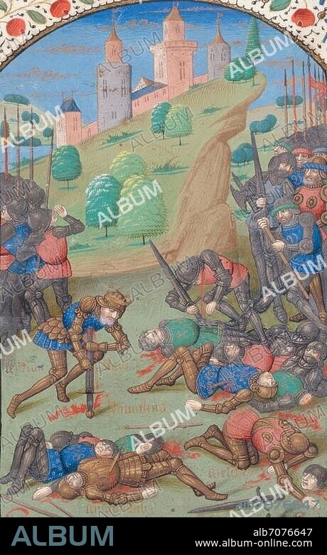 Enluminure, France, vers 1450. Suicide de Saul dans la bataille au Mont Gilboa. (1 Samuel 31,8-13). In : Le livre de Jehan Bocace des cas des nobles hommes et femmes. Ms. Add. 16750, fol. 34. London, British Library.
