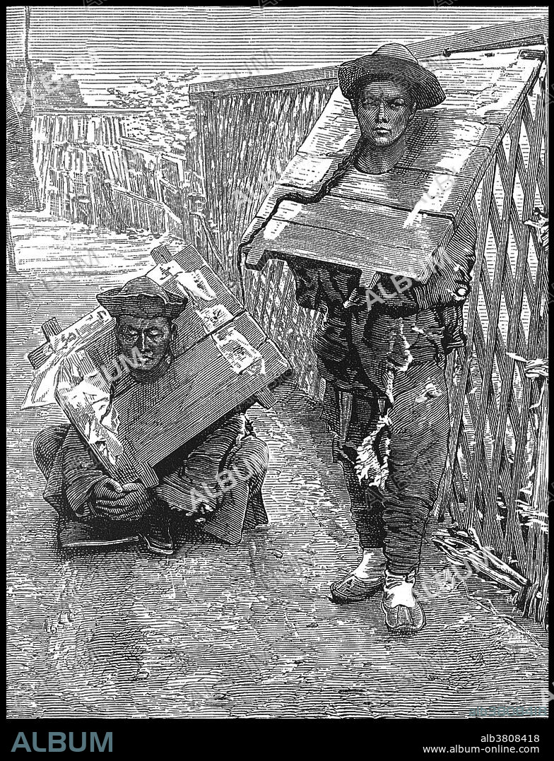 A cangue is a device that was used for public humiliation and corporal punishment in China and some other parts of East Asia and Southeast Asia until the early years of the 20th century. A typical cangue would consist of a large, heavy flat board with a hole in the center large enough for a person's neck. The board consisted of two pieces. These pieces were closed around a prisoner's neck, and then fastened shut along the edges by locks or hinges. The opening in the center was large enough for the prisoner to breathe and eat, but not large enough for a head to slip through. The prisoner was confined in the cangue for a period of time as a punishment. The size and especially weight were varied as a measure of severity of the punishment.
